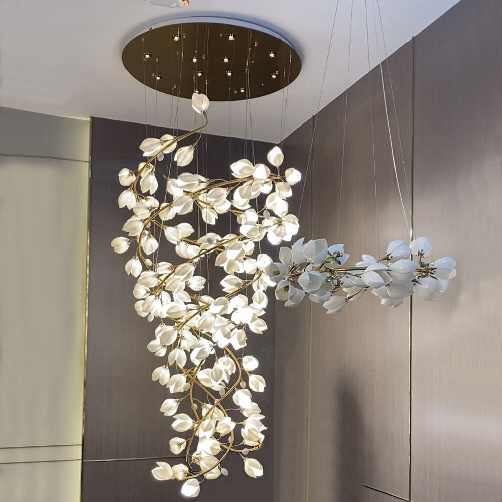 Creative Spiral Pure White Magnolia Chandelier with Golden Branches for Staircase/High-ceiling Space/Foyer/ Duplex
