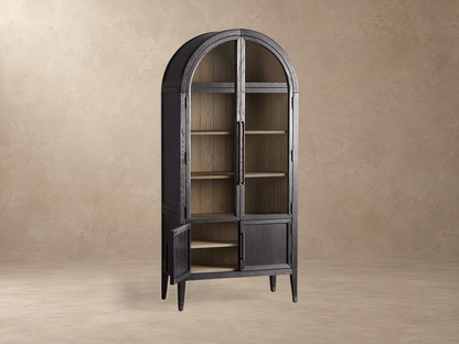 Tall Oak Display Cabinet with Glass Doors