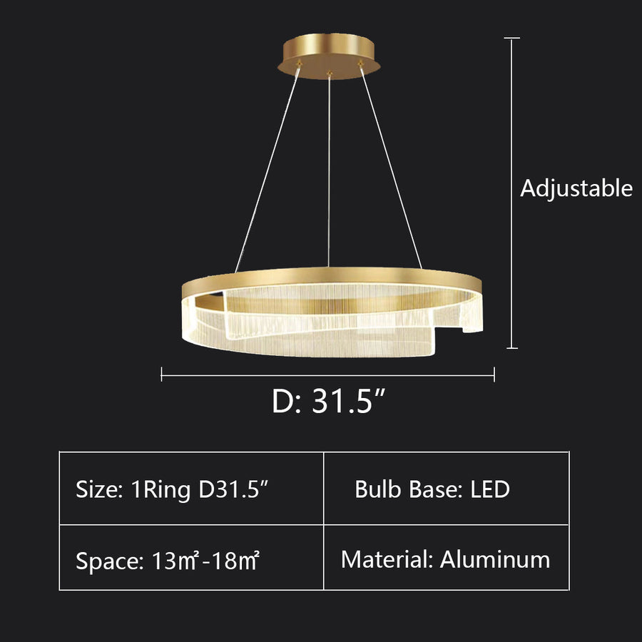 1Ring:D31.5" chandelier,chandeliers,aluminum,gold,adjustable,Acrylic lampshade，dining table,round,ring,circle,round table,big table,long table,light fixture,living room,bar,cafe,dining room,foyer,entryway