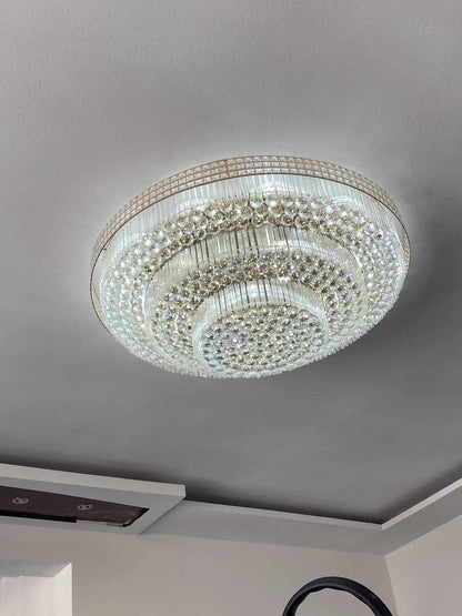 Extra Large Three Layers Round Luxury Flush Mounted Crystal Chandelier for Living Room