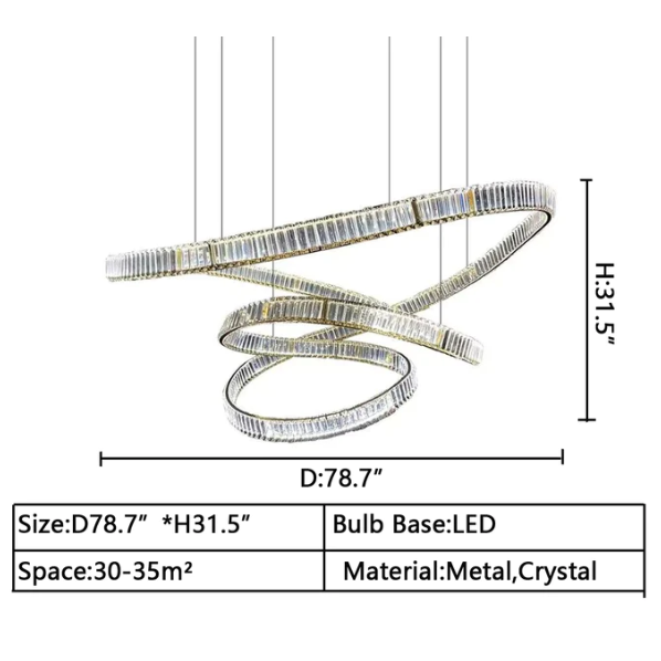 D78.7"*H31.5" Elegant Restaurant Rings Crystal Chandelier Foyer Living Room Ceiling Pendant Light Fixture