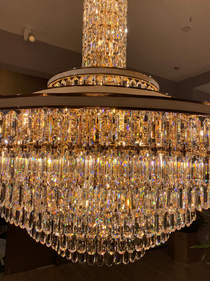 Modern Multi-tier Round Crystal Chandelier with White Leather for Foyer/Living Room/Staircase