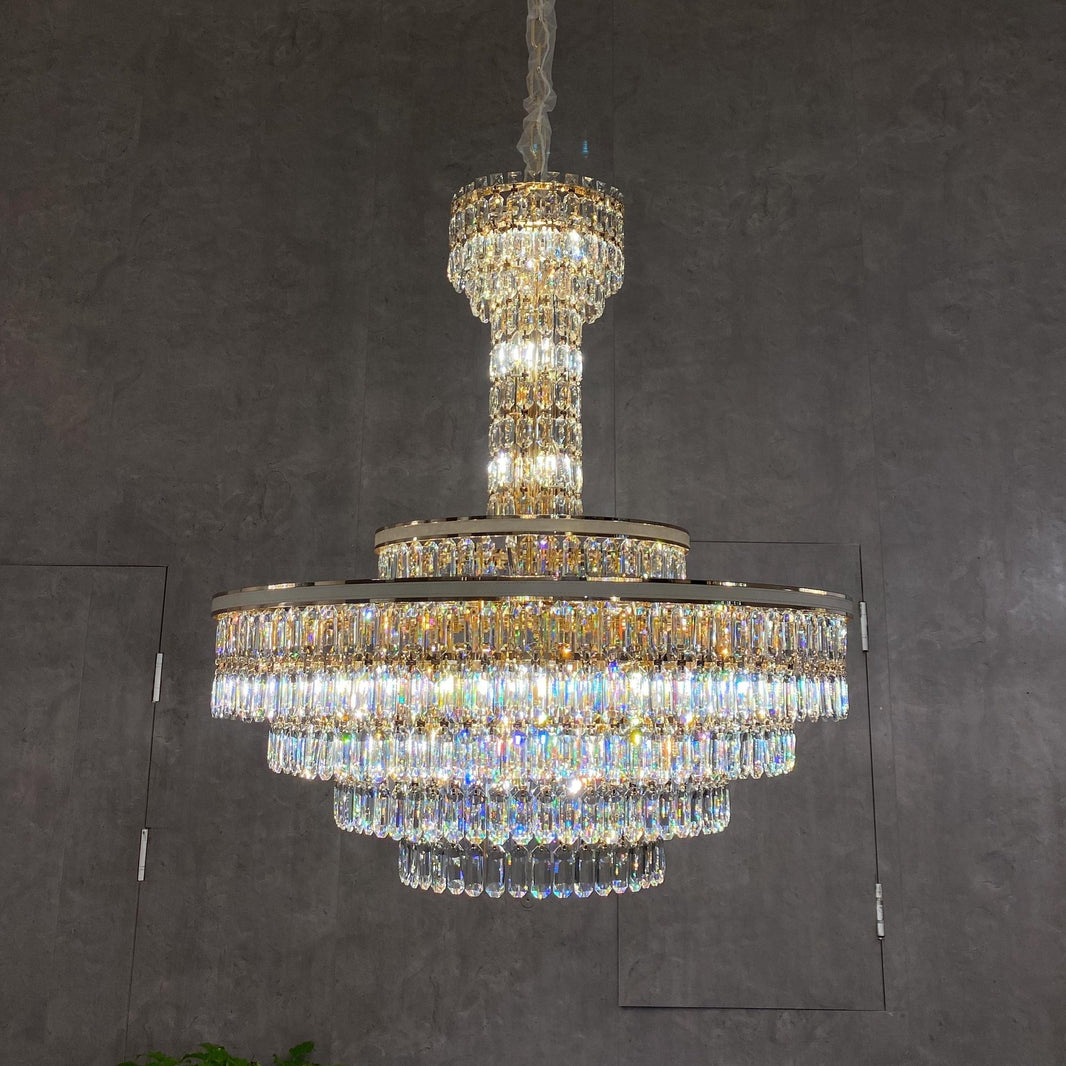 Modern Multi-tier Round Crystal Chandelier with White Leather for Foyer/Living Room/Staircase