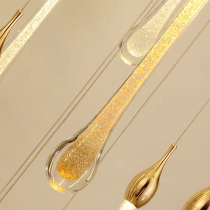 Sorenza Modern Long Gold Glass Raindrop Rod Pendant Light for Staircase/High-ceiling room