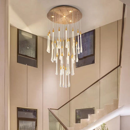 Sorenza Modern Long Gold Glass Raindrop Rod Pendant Light for Staircase/High-ceiling room