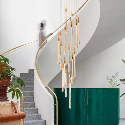 Sorenza Modern Long Gold Glass Raindrop Rod Pendant Light for Staircase/High-ceiling room
