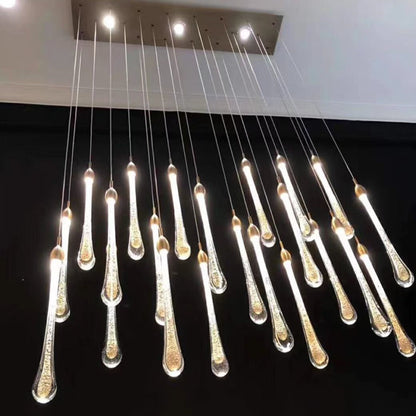 Sorenza Modern Long Gold Glass Raindrop Rod Pendant Light for Staircase/High-ceiling room