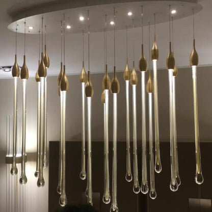 Sorenza Modern Long Gold Glass Raindrop Rod Pendant Light for Staircase/High-ceiling room