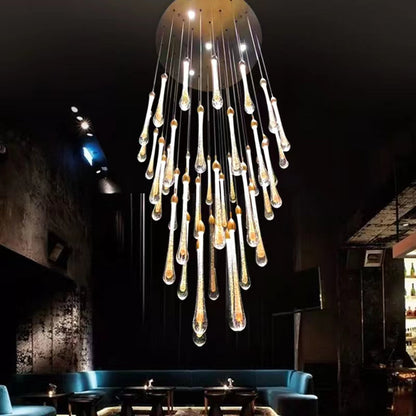 Sorenza Modern Long Gold Glass Raindrop Rod Pendant Light for Staircase/High-ceiling room