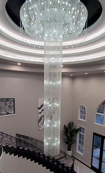 Extra Large Flush Mount Silver Waterfall Luxury Ceiling Crystal Chandelier for High-ceiling Living Room/Duplex Hall