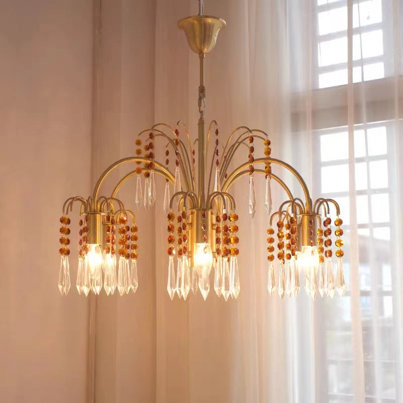 Modern Light Luxury Copper Branch Candle Crystal Pendant Chandelier for Living/Dining Room