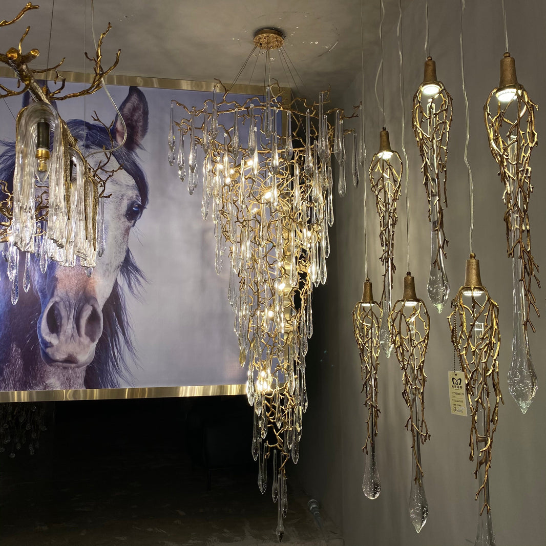 Modern Oversized Luxury Copper Crystal Long Crystal Branch Air Bubble Drop Staircase Light fixture