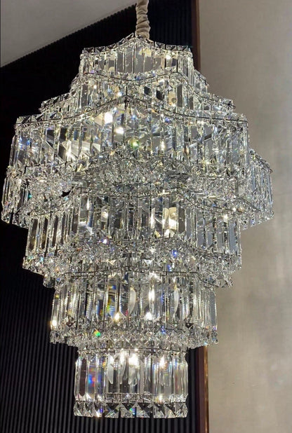 Extra Large Plaza Hall  Multi-Tier Crystal Chandelier Foyer Living Room Staircase Ceiling Lighting Fixture  In Chrome/Gold Finish