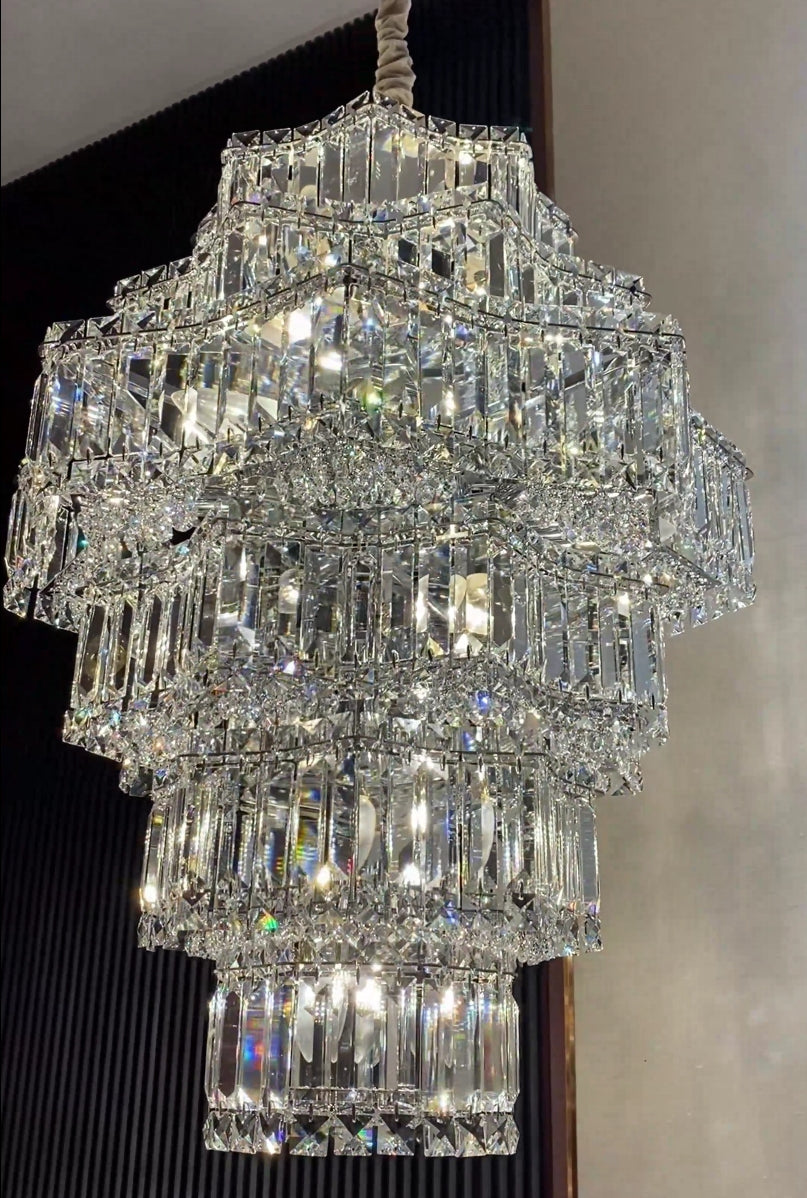 Extra Large Plaza Hall  Multi-Tier Crystal Chandelier Foyer Living Room Staircase Ceiling Lighting Fixture  In Chrome/Gold Finish