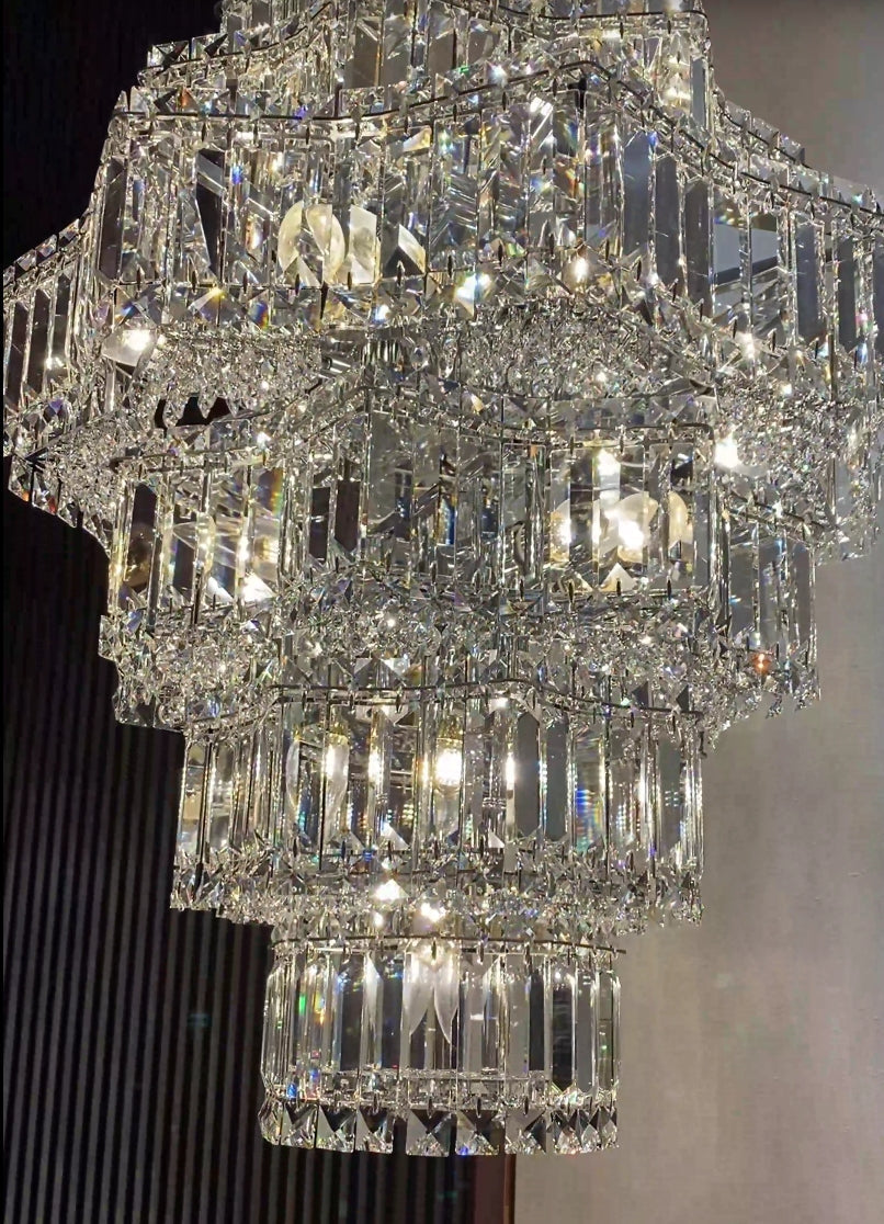 Extra Large Plaza Hall  Multi-Tier Crystal Chandelier Foyer Living Room Staircase Ceiling Lighting Fixture  In Chrome/Gold Finish