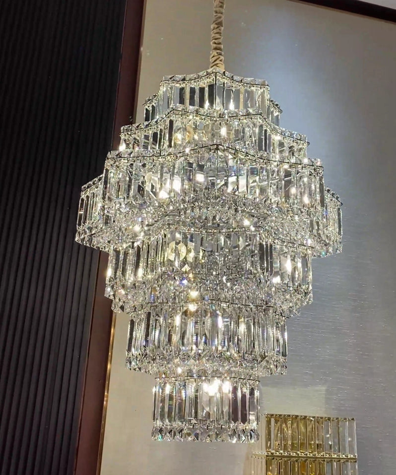 Extra Large Plaza Hall  Multi-Tier Crystal Chandelier Foyer Living Room Staircase Ceiling Lighting Fixture  In Chrome/Gold Finish