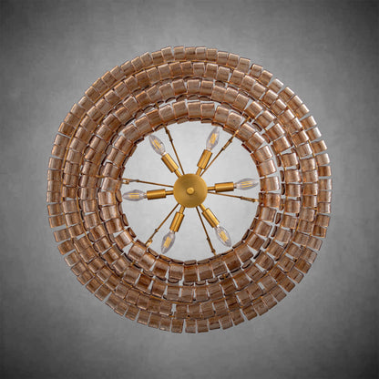 Givrelle round chandelier viewed from below showing the round brass frame and glass