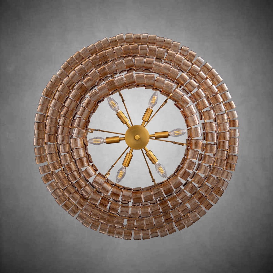 Givrelle round chandelier viewed from below showing the round brass frame and glass