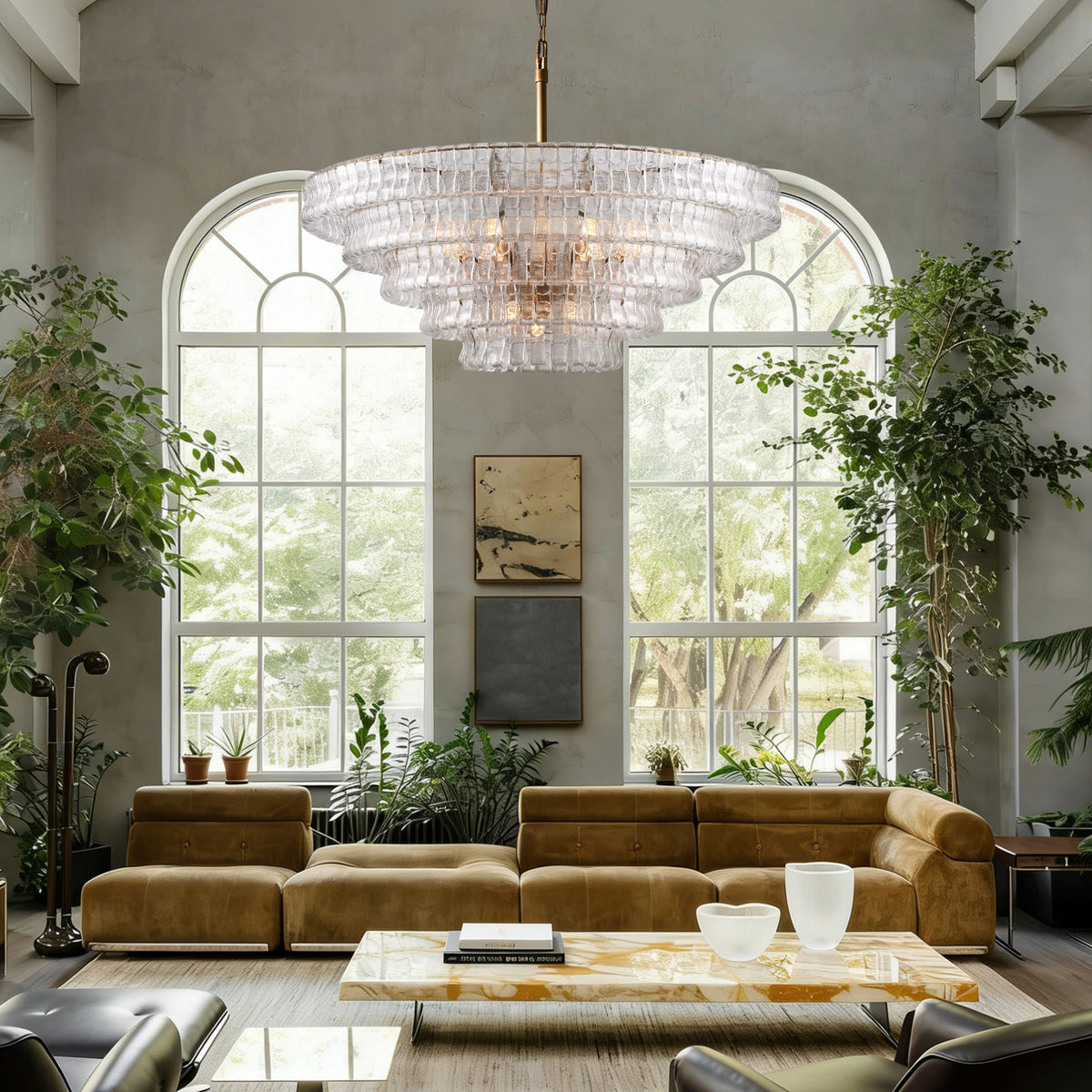 Givrelle round chandelier in a large living room with an arched window