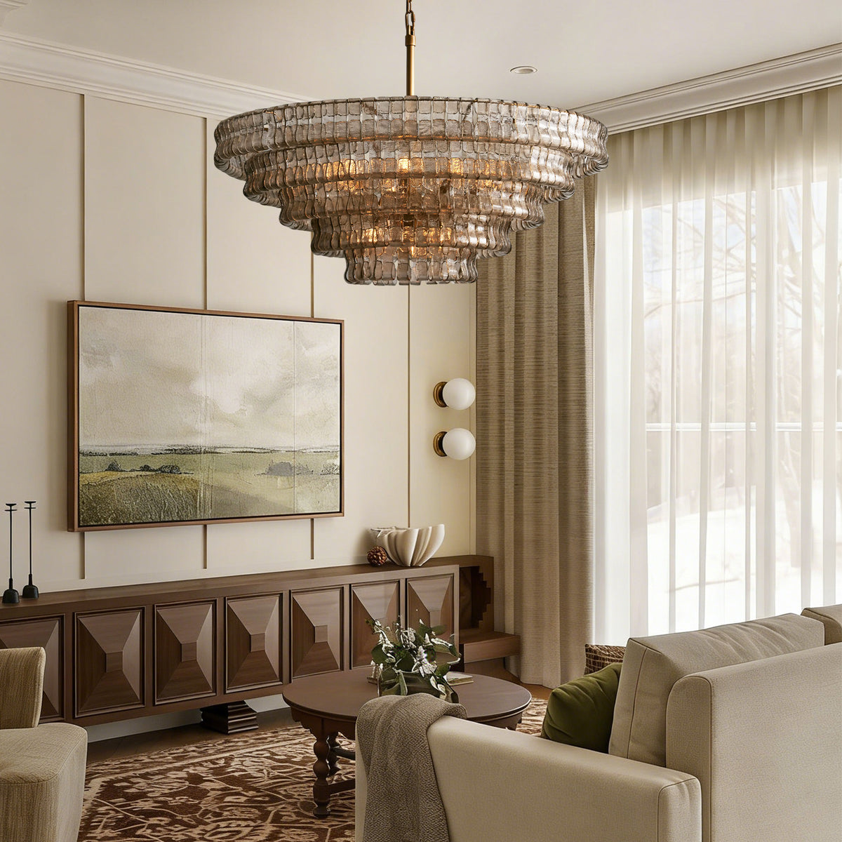 Givrelle round chandelier by the window in a warm minimalist living room