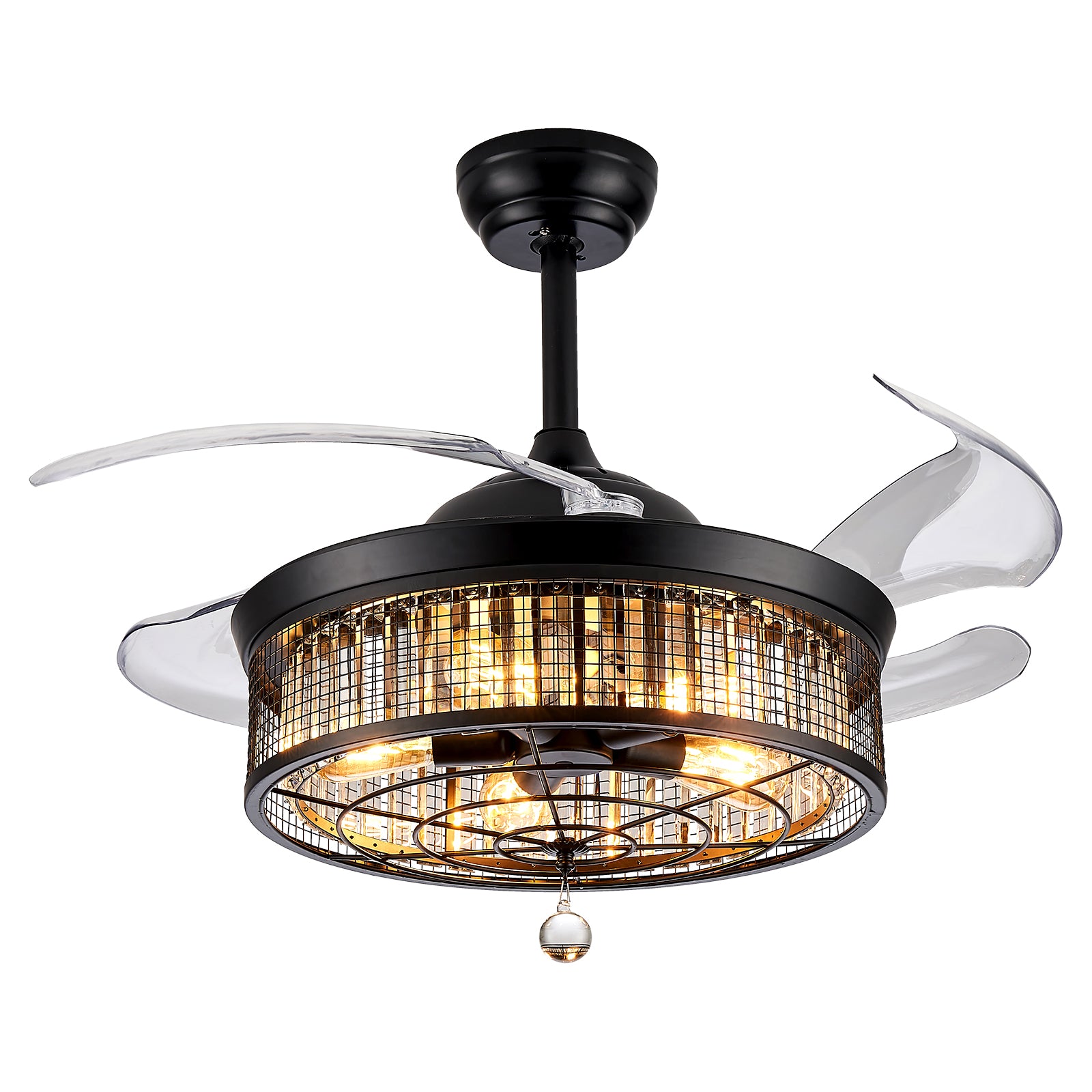 Braya Black Drum Ceiling Fan Light with Clear Blades: Reverse, Timer, Natural Wind, 30W