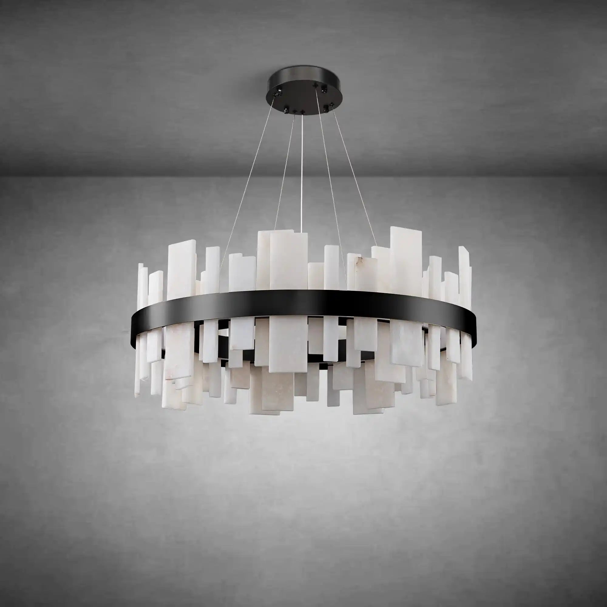 Alabaster Round Chandelier, Natural Spanish Stone Texture Chandeliers, 31.5" Adjustable Alabaster Chandelier Over Table for Living Room, Bedroom, Hallway – Modern Luxury Ceiling Lighting