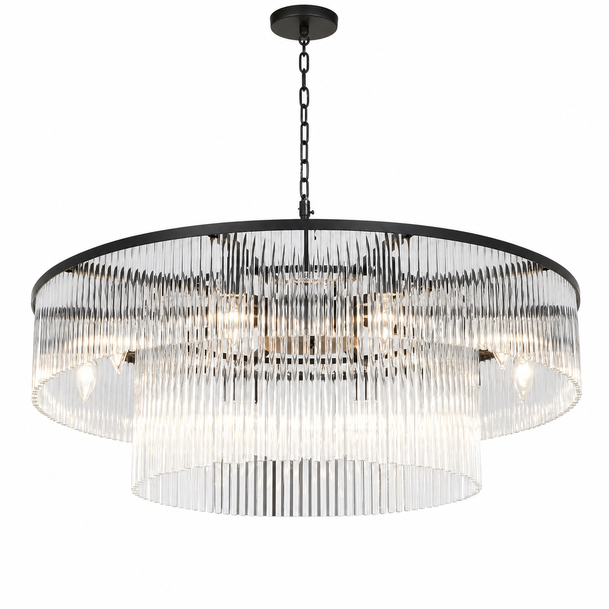 D800 Double-Layer Striped Column Round Pendant - Black