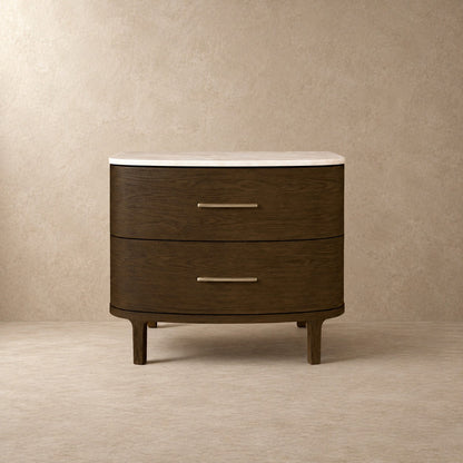 Two-Drawer Marble Top Bedside Table With Brass Pulls