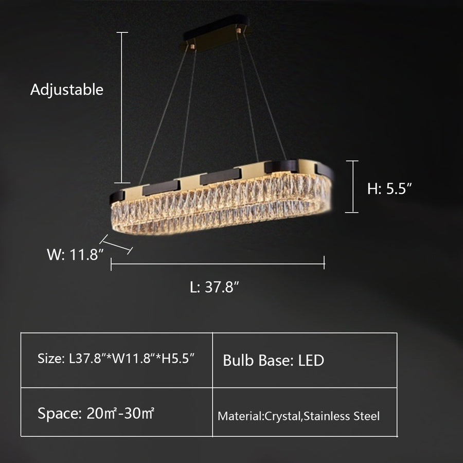 L37.8"*W11.8"*H5.5" chandelier,chandeliers,stainless steel,crystal,k9 crystal,chain,rectangle,round,2 layers,long table,big table,kitchen island,luxury