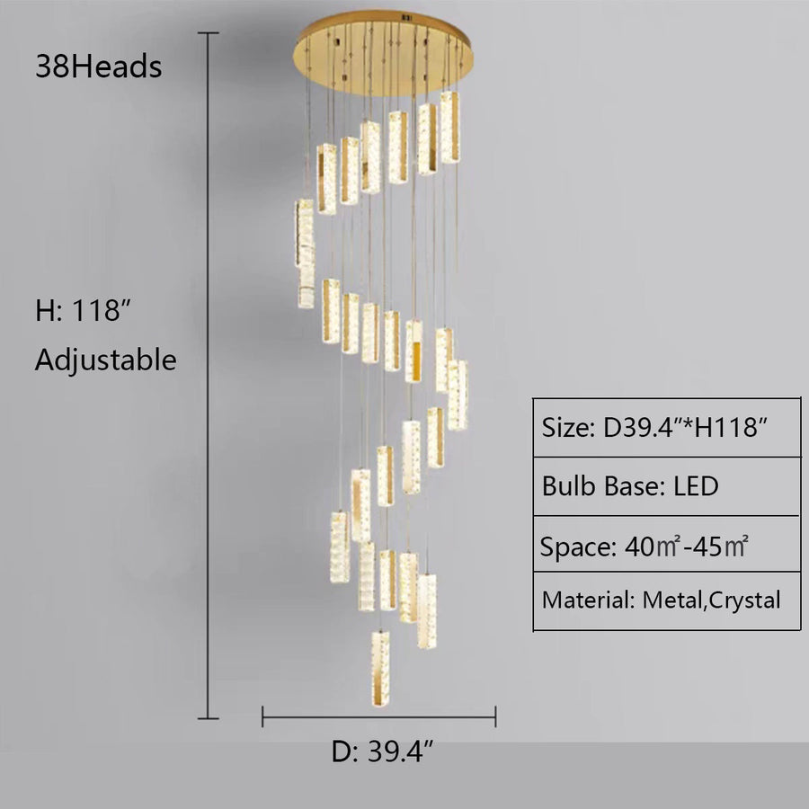 38Heads: D39.4"*H118.0" chandelier,chandeliers,ceiling,flush mount,pendant,rectangle,round,spiral,crystal,metal,brass,stainless steel