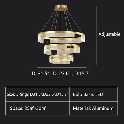 3Rings: D31.5",D23.6",D15.7" chandelier,chandeliers,aluminum,gold,adjustable,Acrylic lampshade，dining table,round,ring,circle,round table,big table,long table,light fixture,living room,bar,cafe,dining room,foyer,entryway