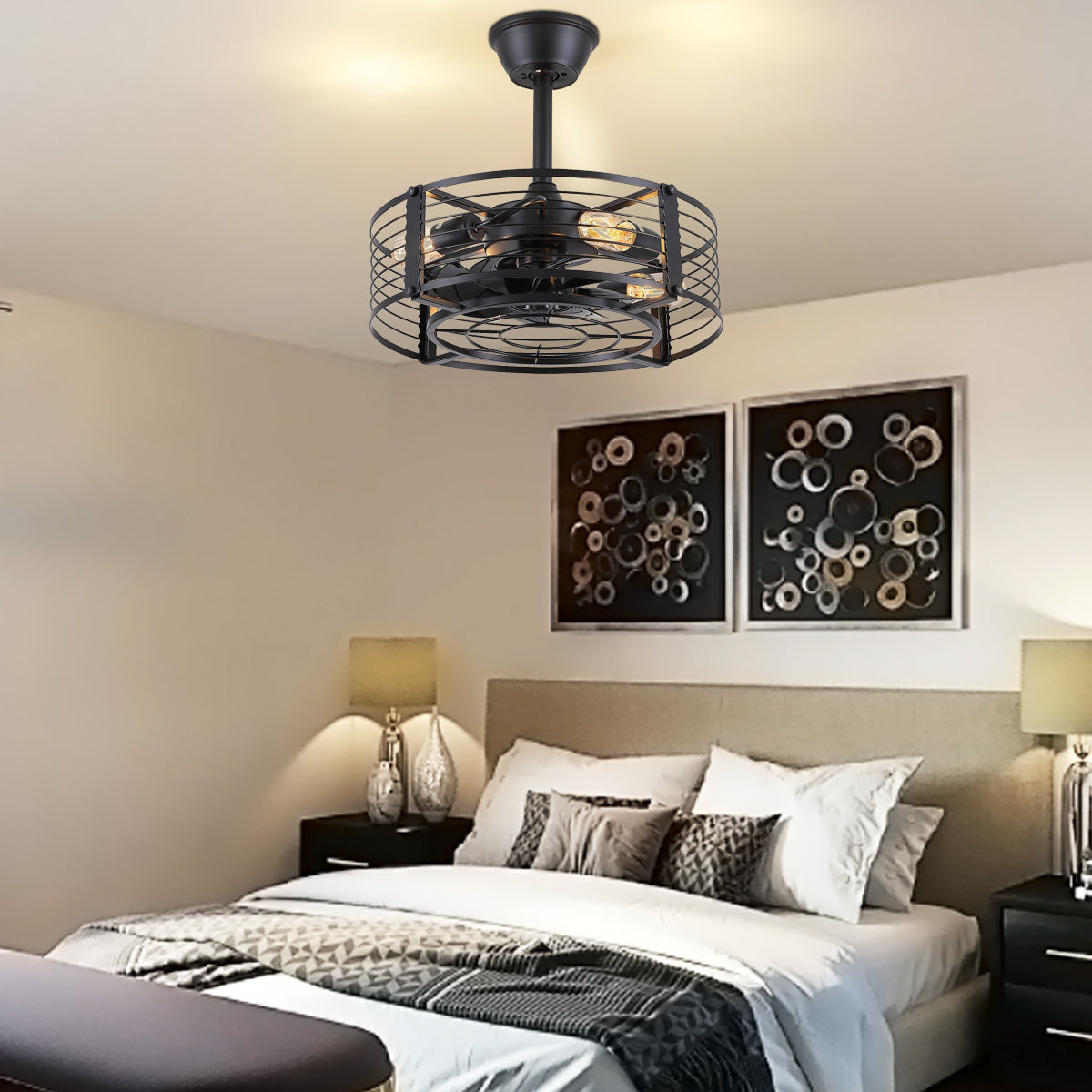 Cage Industrial Black Bladeless Ceiling Fan Light 18"