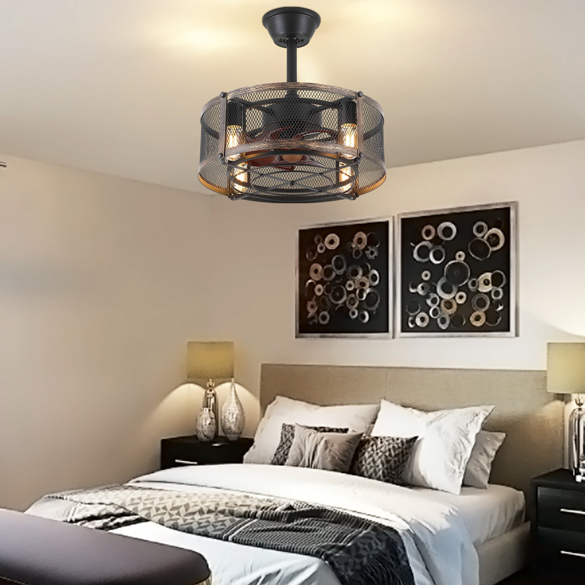 Iron Cage Country Wood Grain Black Ceiling Fan Light 18"