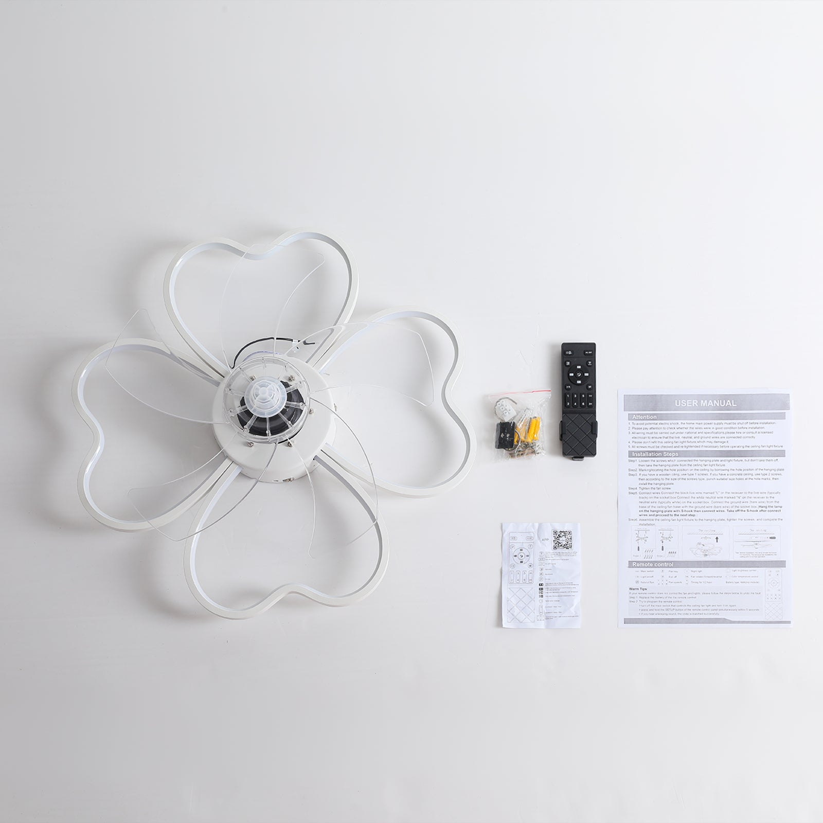 White Modern 3-Color Dimmable Flower Shape Ceiling Fan Light with Remote Control, Kitchen Island Flush Mount