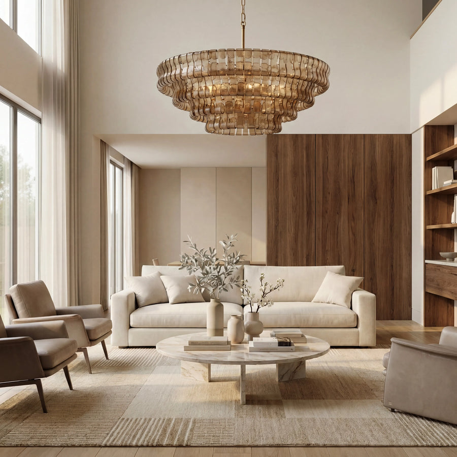 Givrelle round chandelier hanging in a neutral modern living room