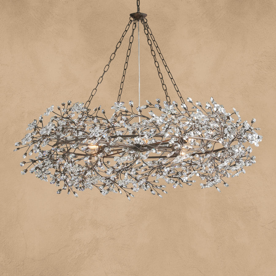 Faverelle chandelier in silver-black with a wide crystal crown, six-light
