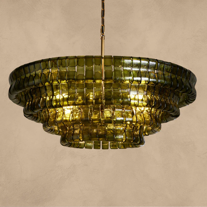 Ghiaccio round chandelier in brass with olive-green glass shades