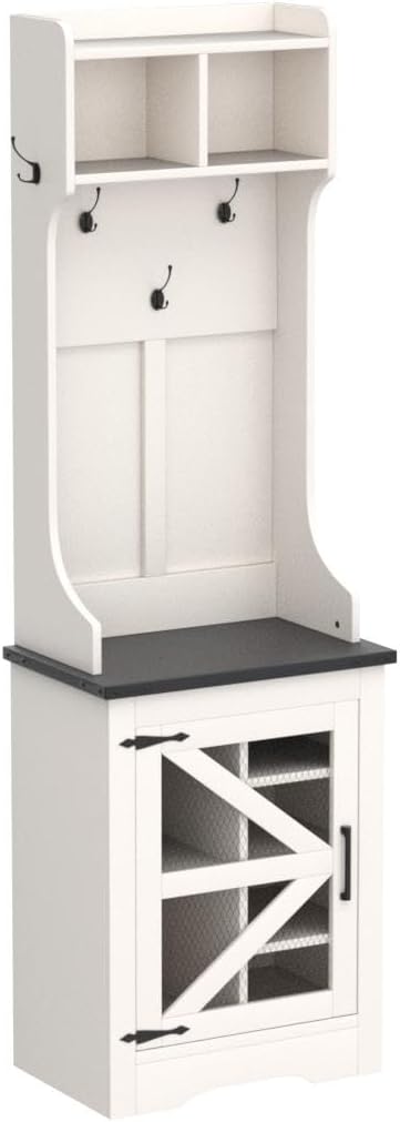 JXQTLINGMU Farmhouse Hall Tree with Shoe Storage Bench & 5 Hooks