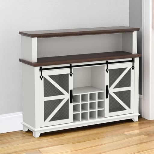 Farmhouse Coffee Bar Cabinet with LED Lights Antique White, 55-Inch
