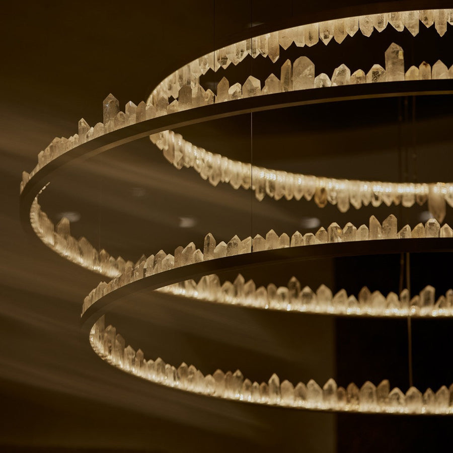 36 Inch Round Modern Chandelier Brass & Clear Geode Quartz Crystal Hanging Light