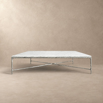 Happyarcadian Square Hammered Metal and Marble Coffee Table