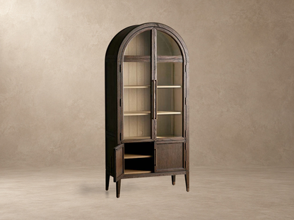 Tall Oak Display Cabinet with Glass Doors