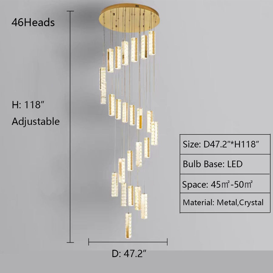 46Heads: D47.2"*H118.0" chandelier,chandeliers,ceiling,flush mount,pendant,rectangle,round,spiral,crystal,metal,brass,stainless steel