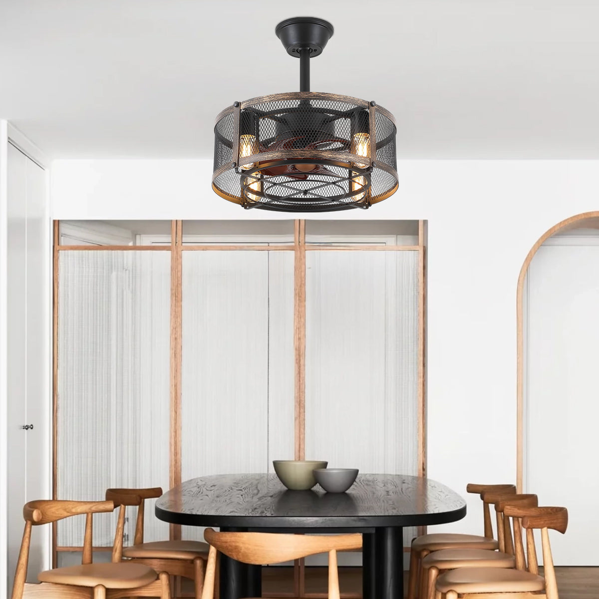 Iron Cage Country Wood Grain Black Ceiling Fan Light 18"