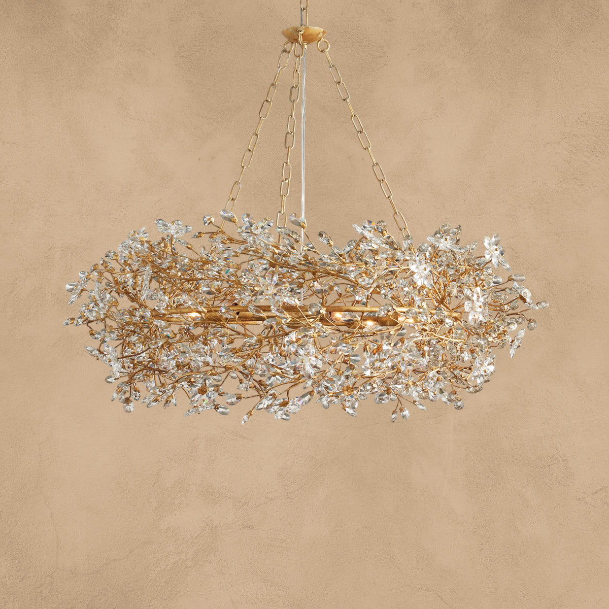 Faverelle chandelier in gold with crystal blossoms, crown silhouette