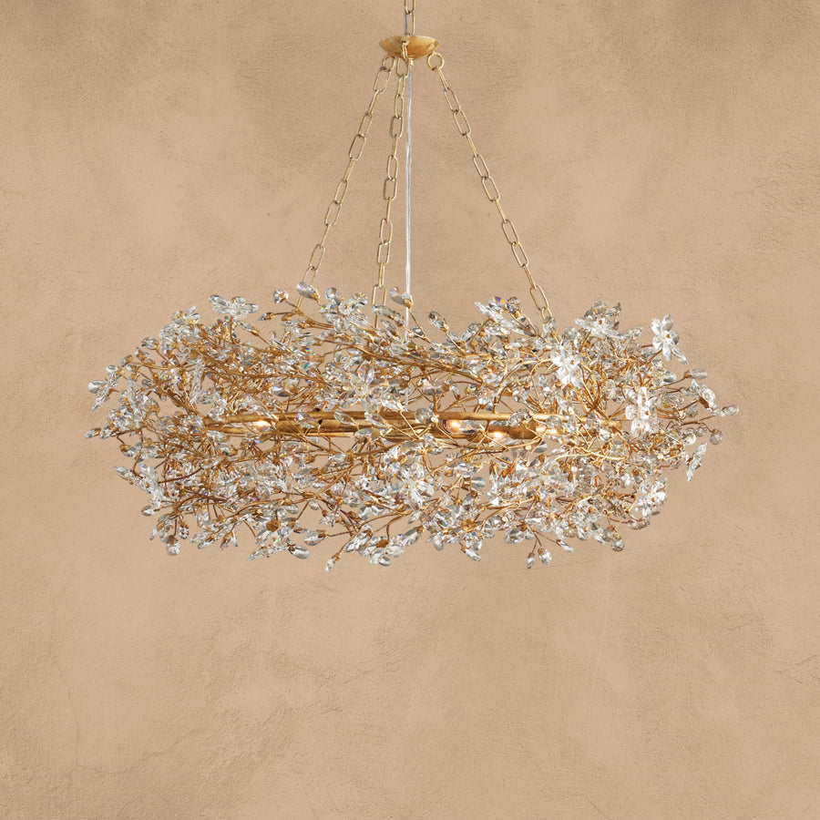 Faverelle chandelier in gold with crystal blossoms, crown silhouette