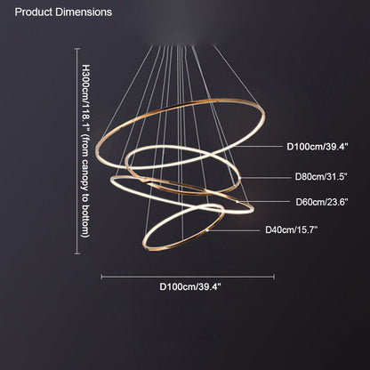 Golden four-ring entryway chandelier dimension guide showing a 118.1-inch drop and 39.4-inch maximum diameter.