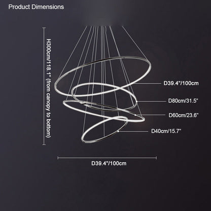 Shiny-black four-ring dimension guide showing a 118.1-inch overall drop and 39.4-inch maximum diameter for precise foyer planning.