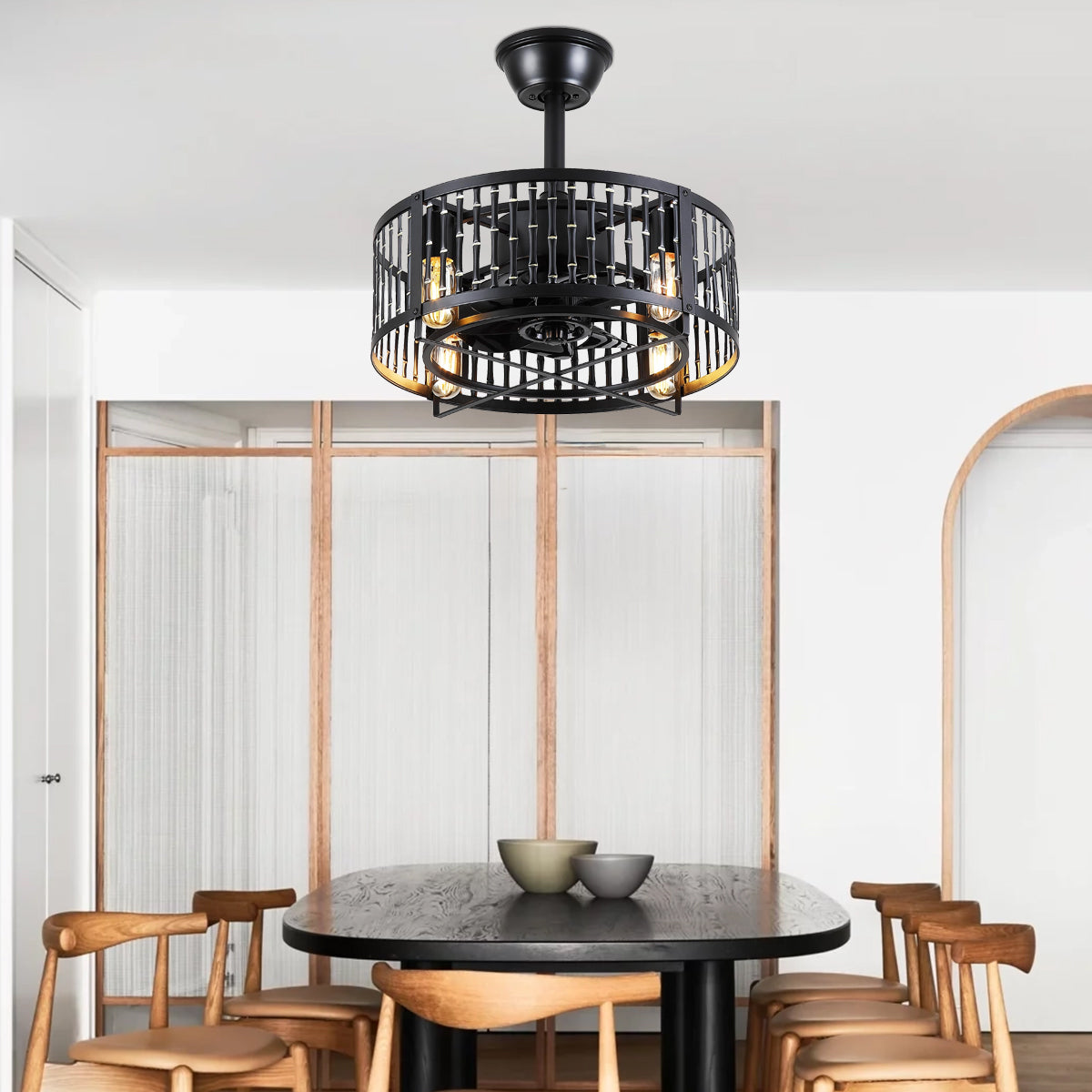Industrial Black Cage Ceiling Fan Light 18"