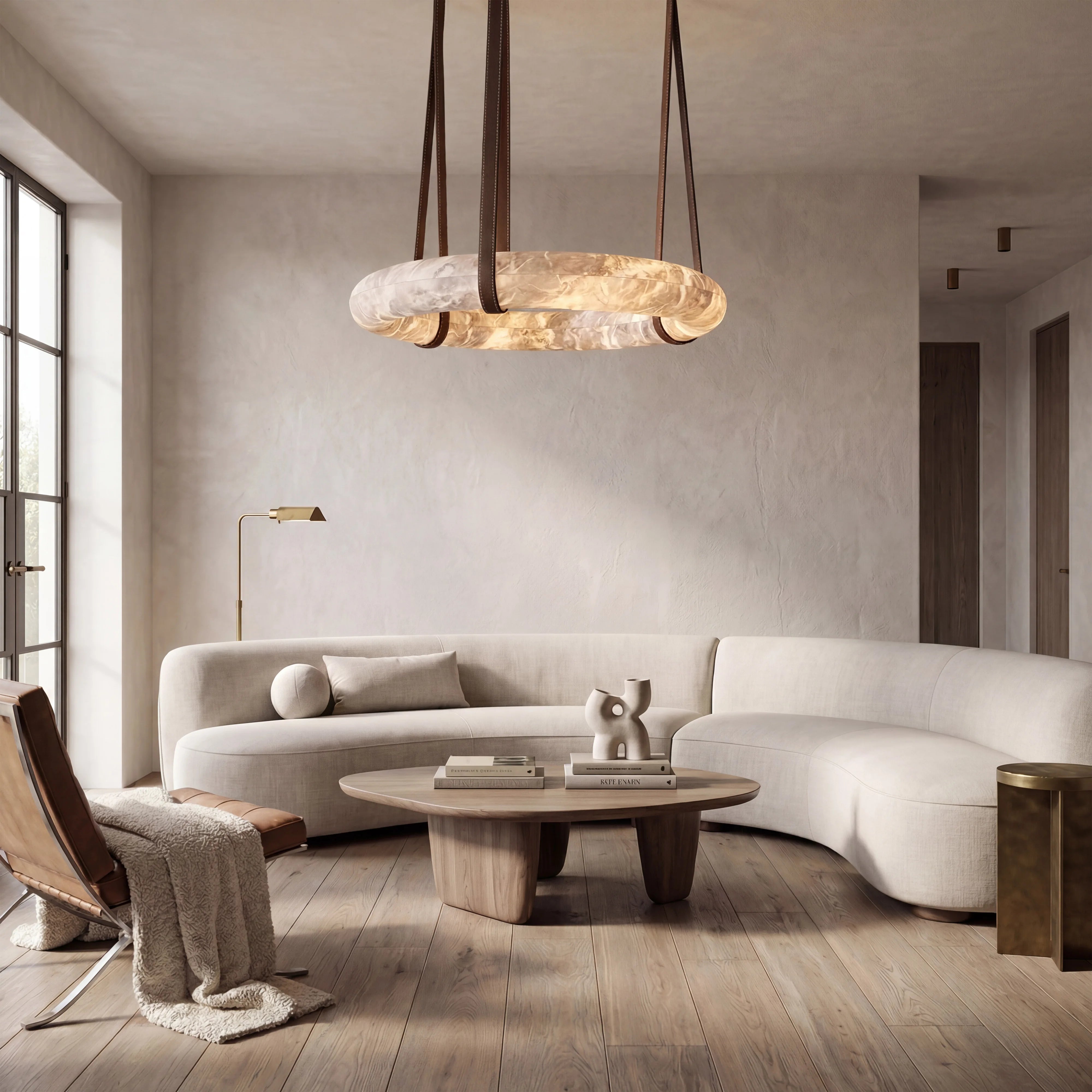 Ogden Pendant Alabaster Chandelier, Halo Ring Modern Chandelier